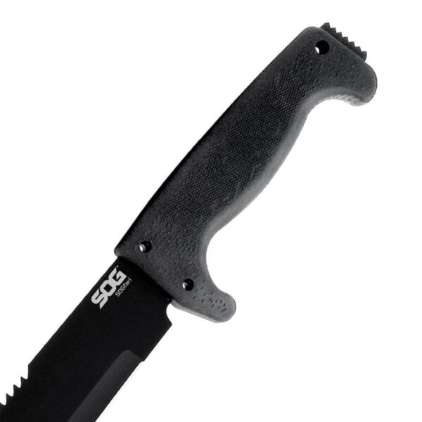 SOGfari 18 Inch Serrated SOG Machete handle closeup on model MC02-N